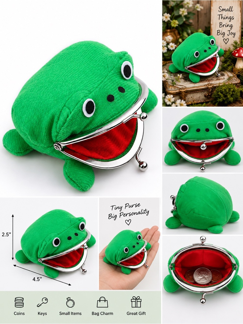 Cute Green Frog Kiss Lock Coin Purse Novelty Wallet NWT
